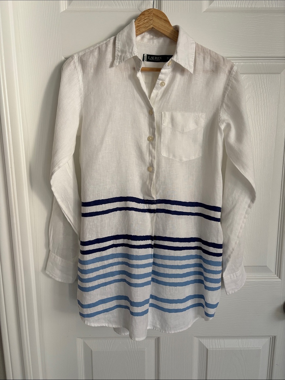 Lauren Ralph Lauren White Linen Tunic Shirt Top Size XS Nautical Blue Navy